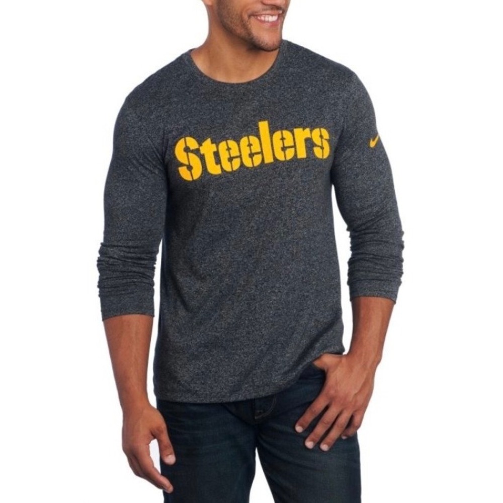 Nike NFL Pittsburgh Steelers Heathered Charcoal Long Sleeve Shirt Yellow Logo XL